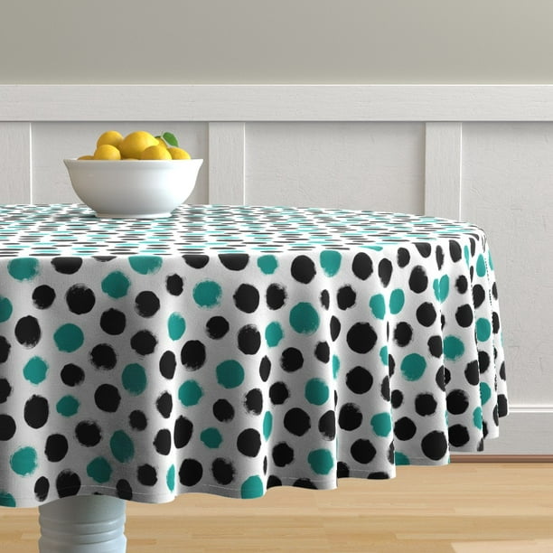 Round Tablecloth Black White Teal Dot Circles Turquoise Polka Cotton Sateen 